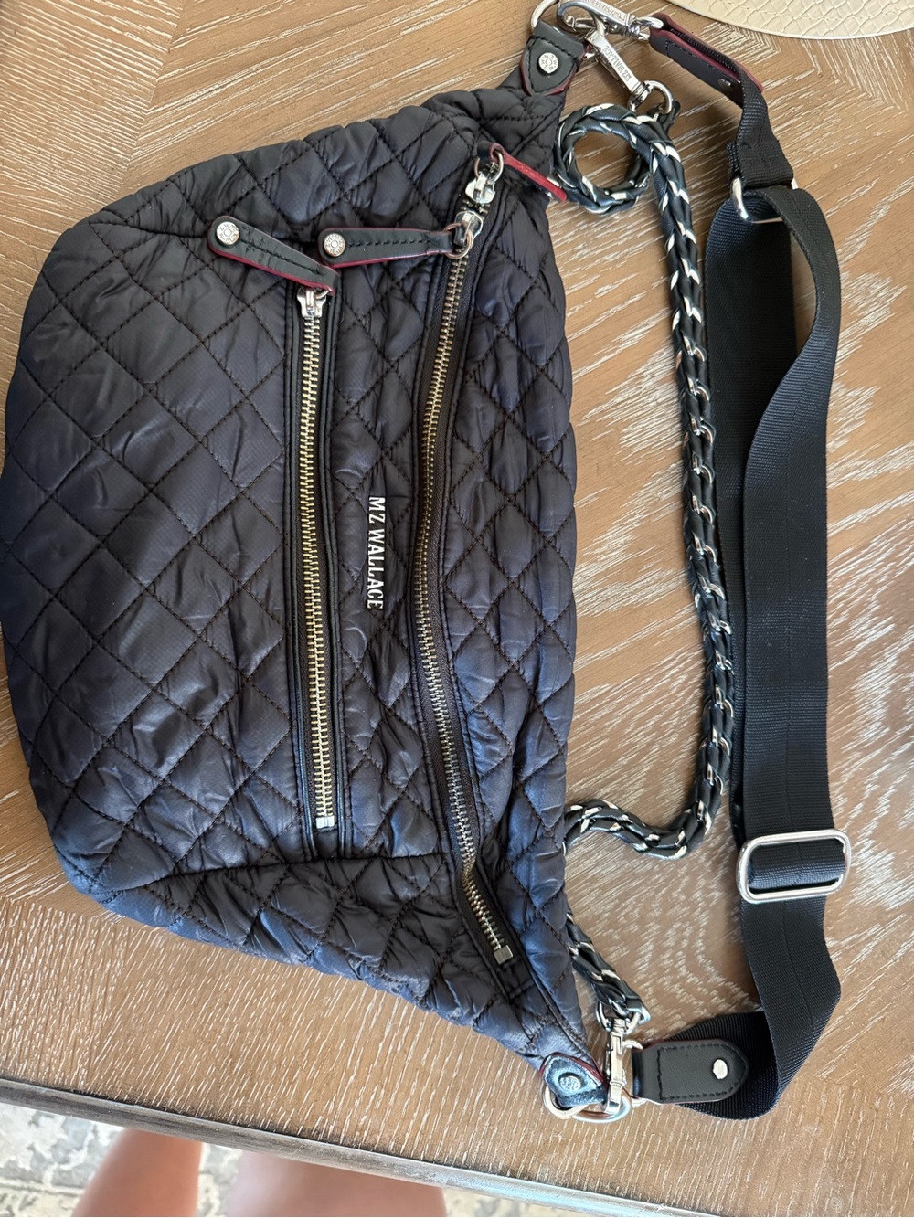 MZ Wallace Black Quilted Belt Bag with Chain-Detail Strap